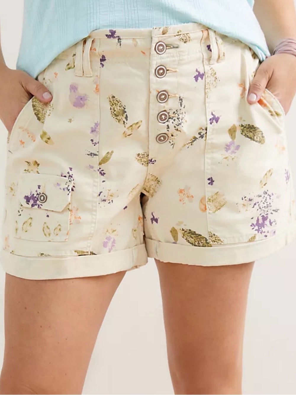 Pilcro The Wanderer Cream Floral Cottage Core Button-Front Cargo Shorts Sz 27